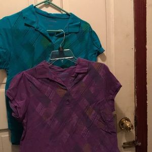 Purple and Teal plaid tops.